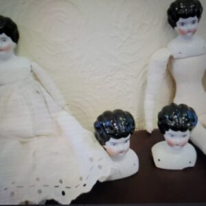 LOT of 4 Antique Bisque Porcelain German China Head Cloth Body Low Brow Dolls