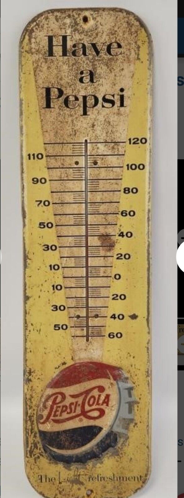 VINTAGE ADVERTISING 1957 PEPSI COLA SODA TIN WALL THERMOMETER Great Patina