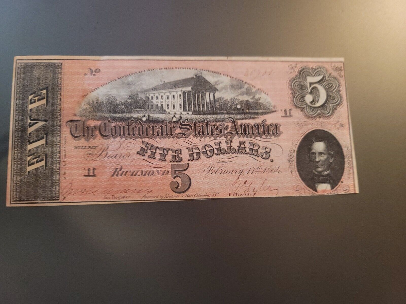 1864 Confederate States of America $5 Banknote