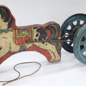 Vintage Pull Toy Noise Maker N.N. Hill Brass  Metal Wheels Wooden Horse 17" Long