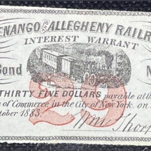 57_57f5baea-5f6e-41f4-9d05-48231682e1ab.jpg 1883 Shenango and Allegheny Railroad Interest Warrant on Bond Certificate $35