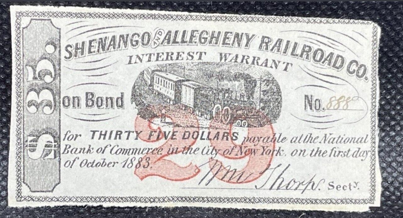 1883 Shenango and Allegheny Railroad Interest Warrant on Bond Certificate $35