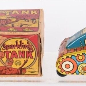 57_5d77e3a0-5c69-4d0d-931f-f234c304d4b1.jpg MARX 1950's SPARKLING TANK TIN MIB WINDUP TOY ORANGE BLUE Mint Condition W/ BOX