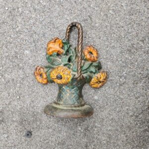 Antique Painted Heavy Cast Iron Flower Basket Doorstop 9"