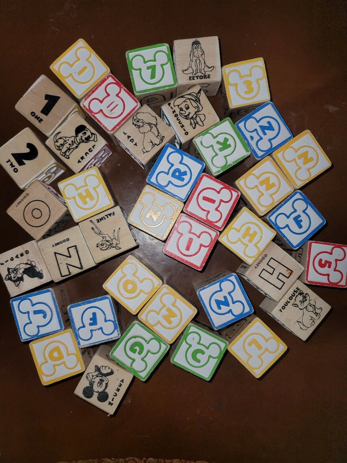 Lot of 38 Disney Wood Alphabet ABCs Number Blocks Goofy Mickey Educational