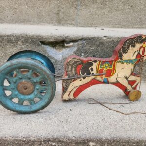 57_966748f1-4c0b-4d6b-a5cf-32186b6a56e2.jpg The N.N. Brass Co. East Hampton, Conn Tin Wheels And Wood Horse