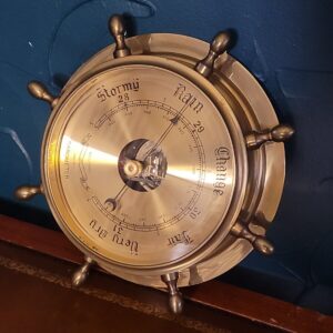 Lacquered Brass Ship's Wheel Barometer With Beveled Glass