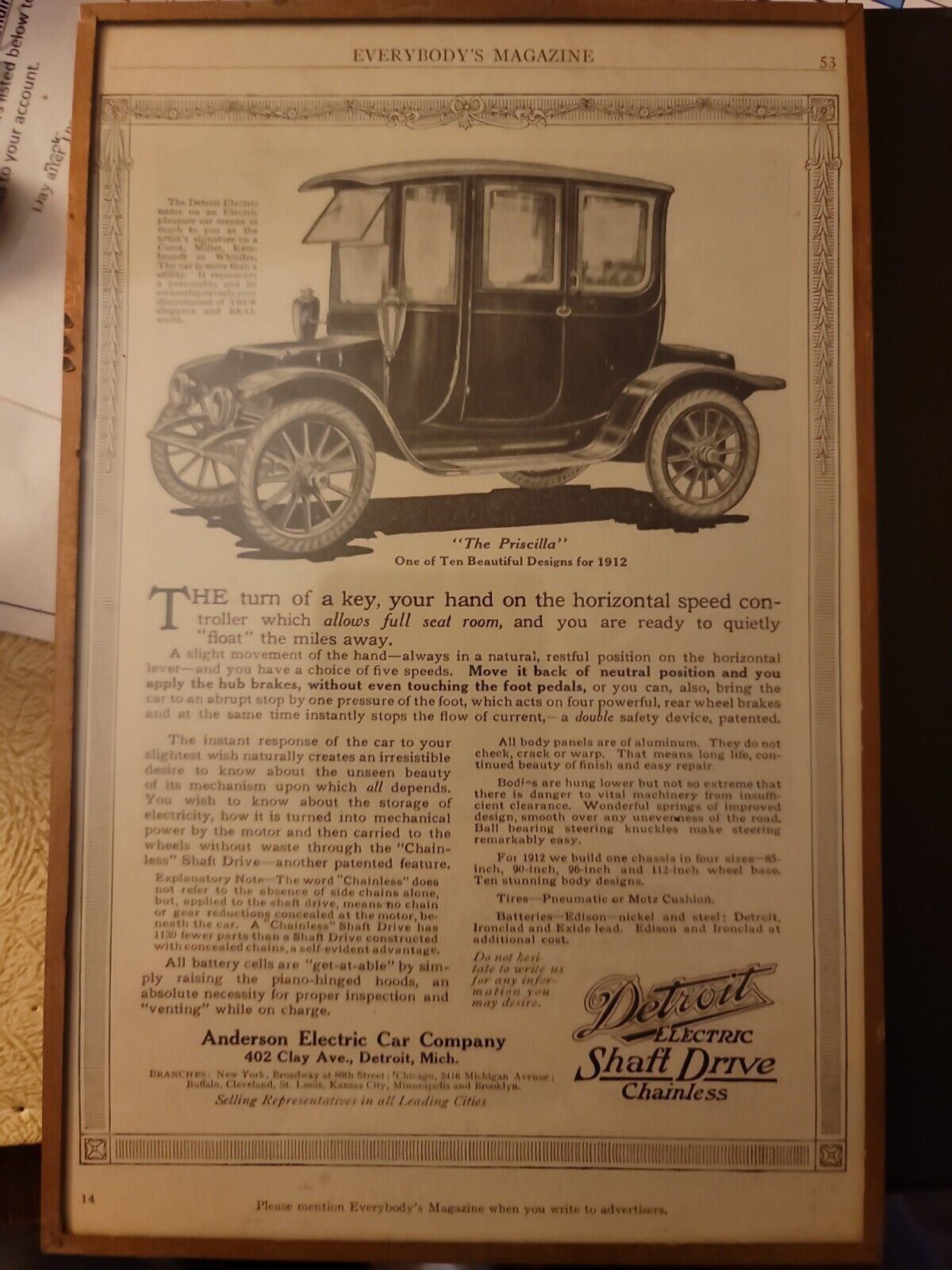 Harvey’s Wallhangers Early 1900s Detroit Electric Shaft Drive Advertisement
