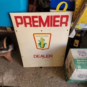 Vintage Premier Celluloid Plastic Seed Corn Antique Sign Farm Oil Gas Pump Feed