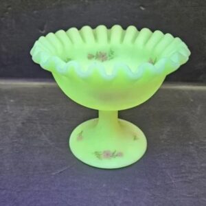 Antique Fenton SIGNED Uranium Satin Glass Hand Painted Pink Blossom Medallion