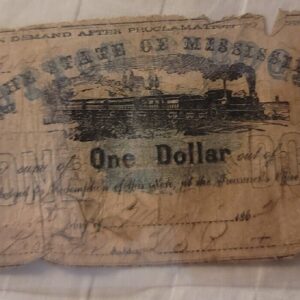 1862 $1 THE STATE OF MISSISSIPPI JACKSON, MS “COTTON PLEDGED” OBSOLETE UNGraded