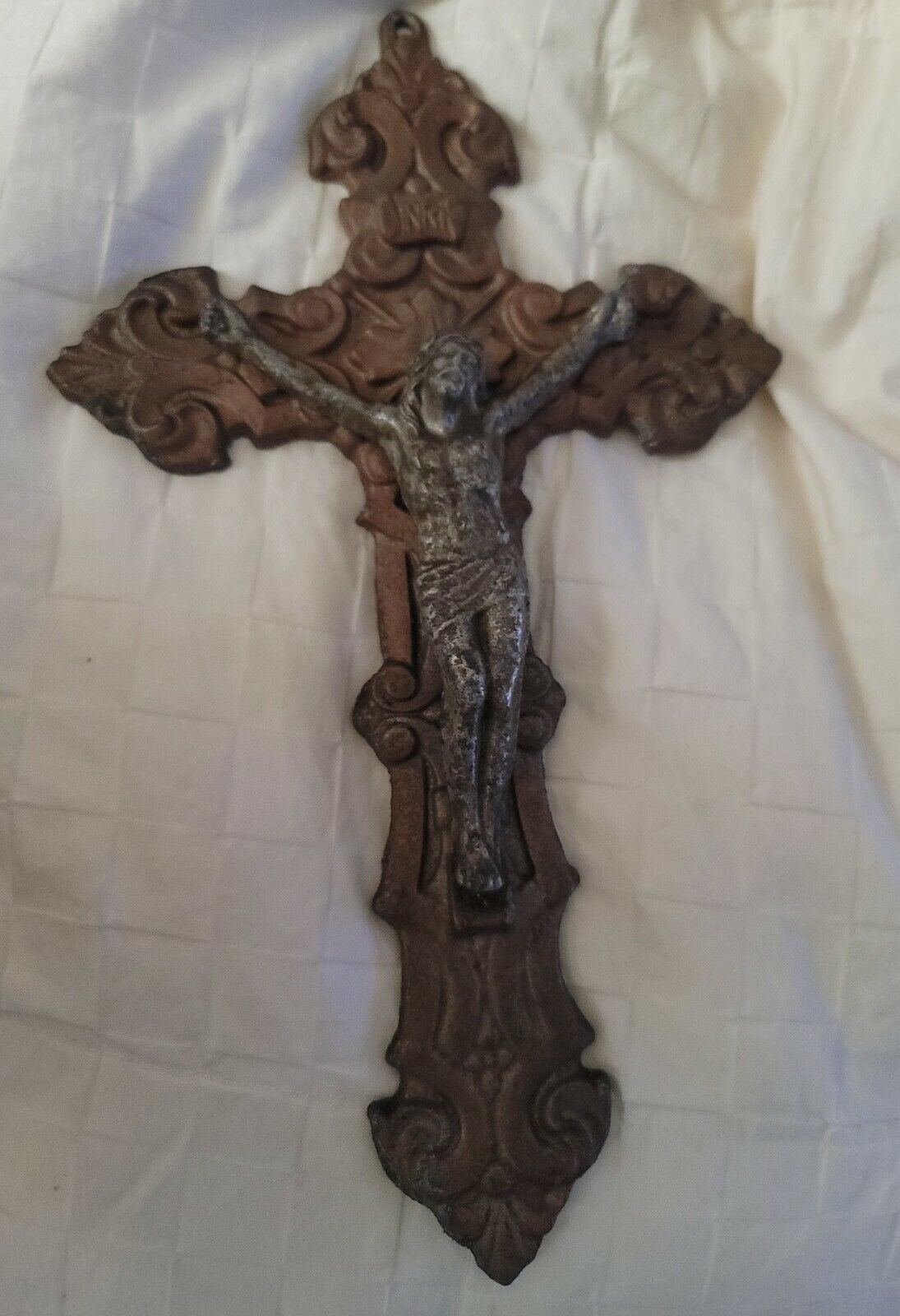 Antique Cast Aluminum Crucifix Jesus Mary Holy God Church Religious Decor