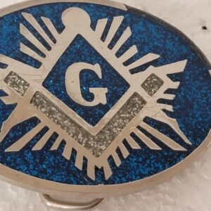 Vintage Masonic Freemason Belt Buckle Square & Compass Red & Blue Inlay