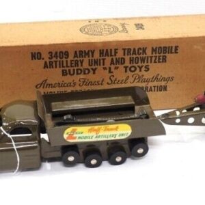 57_f422747f-476c-42dc-b5c1-b0453ab7d789.jpg Rare Buddy L 409 Half Track mobile Artillery unit with cannon and Box. 1940s 50s