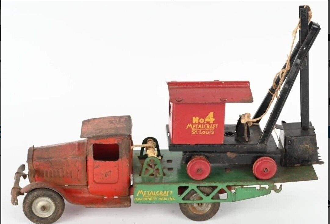 1920's Steelcraft Large Pressed Steel FLATBED Truck with Steam Shovel Crane