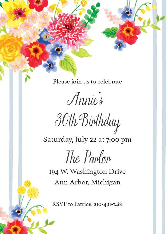 Floral Stripe Birthday Party Invitation