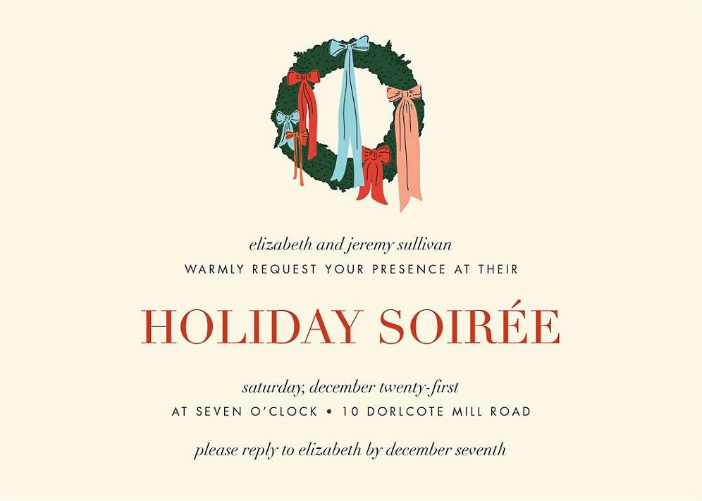 Ribbons and Bows Wreath Holiday Party Invitation