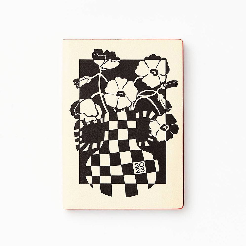 2024-2025 Paper Source Monochrome Floral Vase 17-Month Faux Leather Petite Weekly Planner