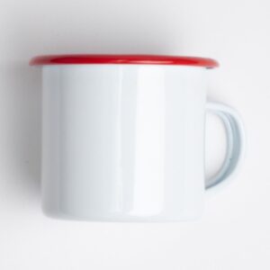 White Tinware Mug with Red Trim