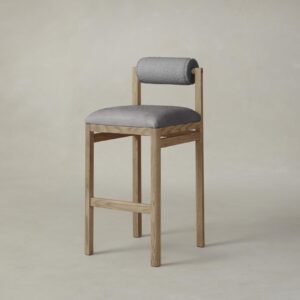 The Thayer Bar & Counter Stool - Nubuck Leather Asphalt Seat Italian Bouclé Waterfall Bolster