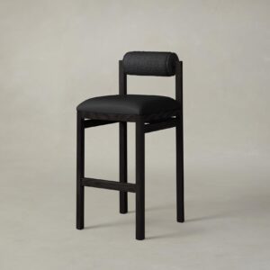 The Thayer Bar & Counter Stool - Pebbled Leather Ink Seat Italian Bouclé Storm Bolster