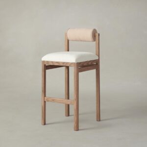 The Thayer Bar & Counter Stool - Performance Bouclé Polar Seat Nubuck Leather Fawn Bolster